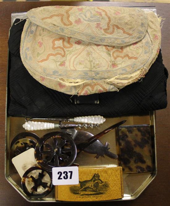 Qty of tortoiseshell, 2 purses, box & medal